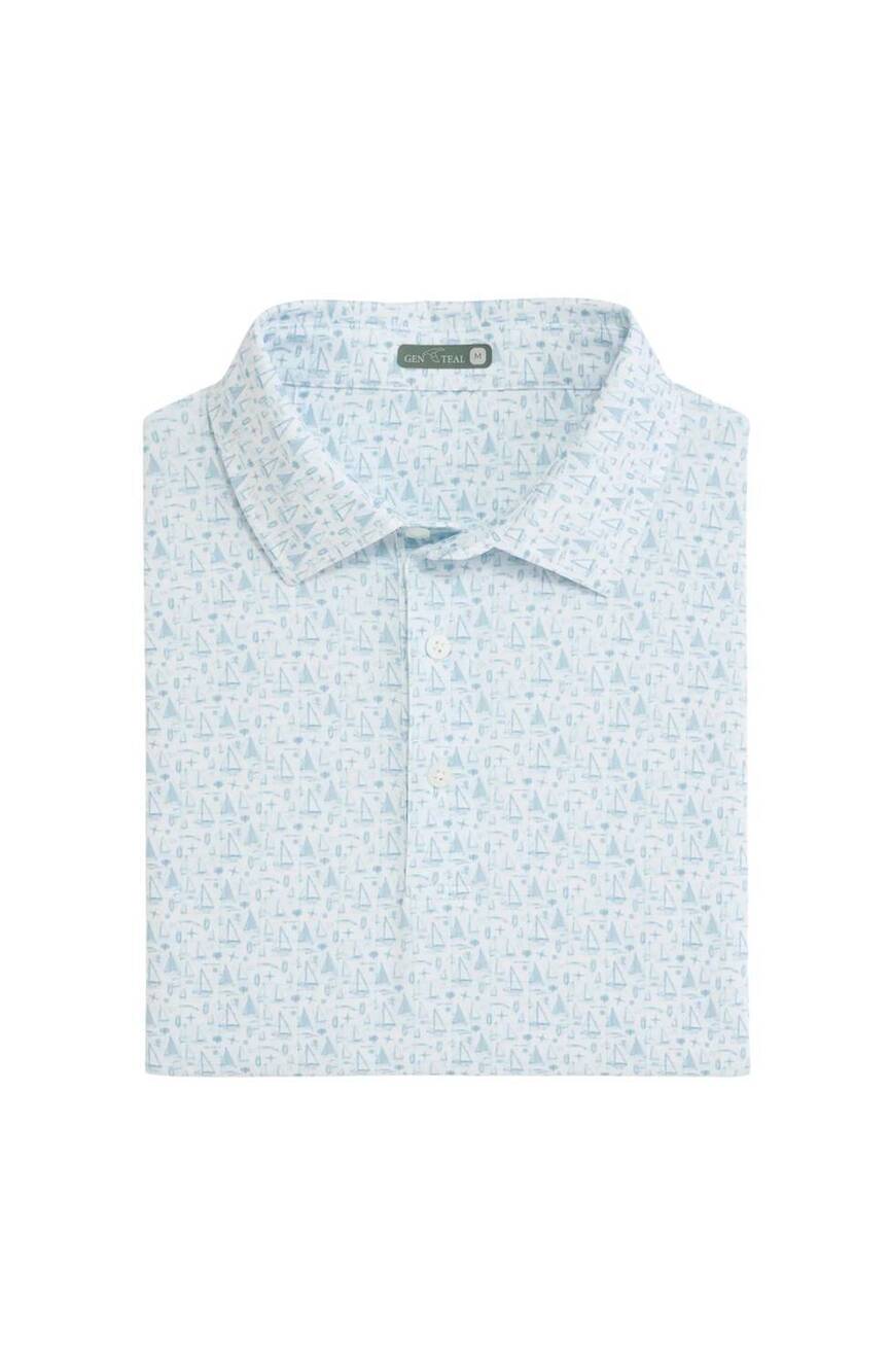 NEW GENTEAL men's mariners print printed performance polo in vintage blue